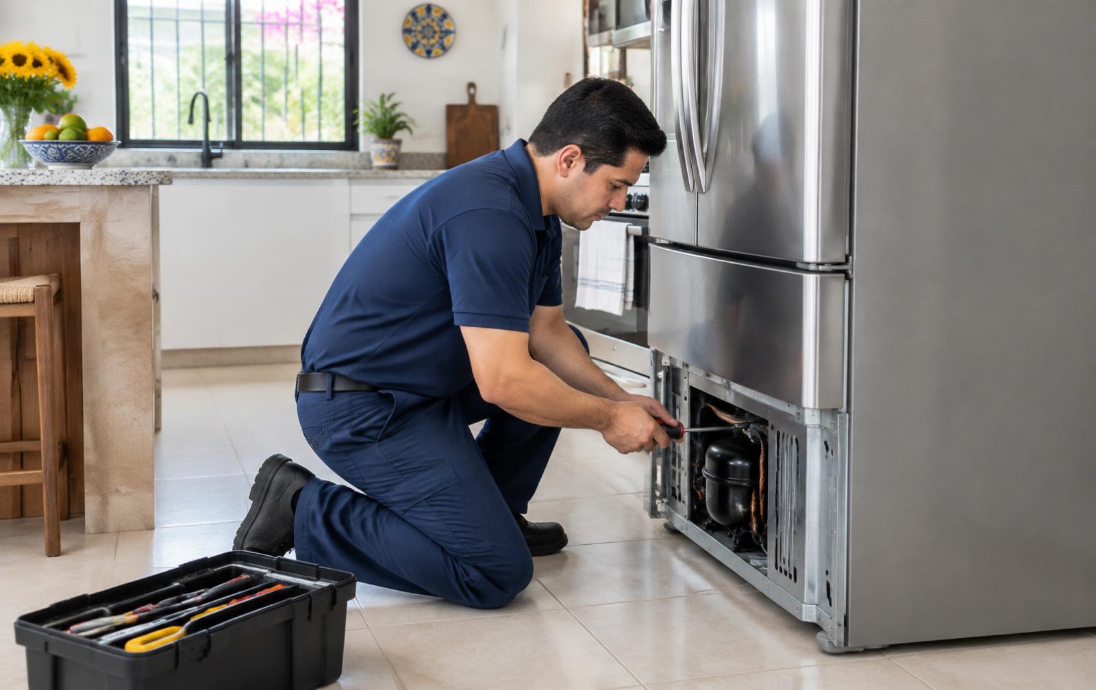 Técnico reparando un refrigerador a domicilio